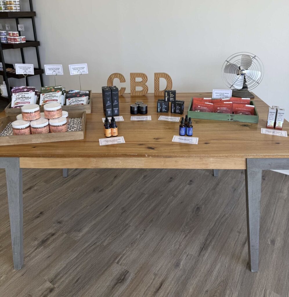 Table featuring various CBD products.